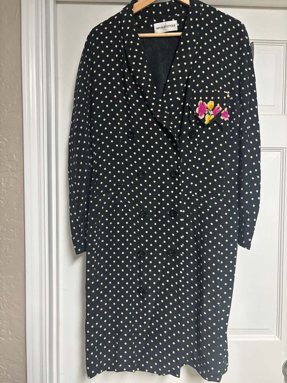 Nipon Boutique Silk Dress Polka Dot Floral Pocket Blazer Corporate chic /Retro